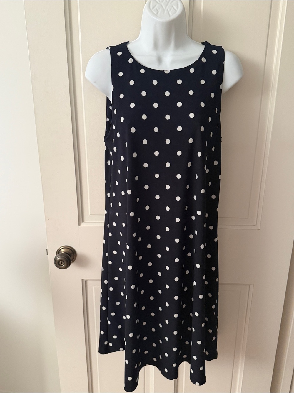 Lauren navy and white polka dotted A line dress